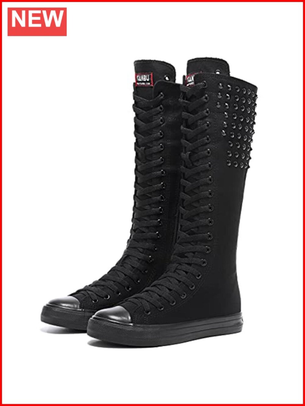 Momuk Punk Canvas Knee High Boots Rivet Platform Round Toe Lace Up